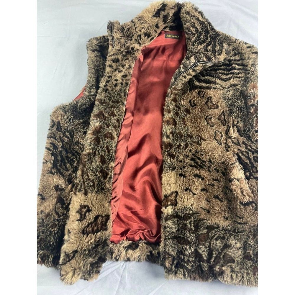 Made In USA Women's Faux Fur Leopard Print Full Zip Vest Brown Sz S Warm Winter - Picture 2 of 7